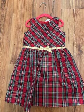 Girls Red Plaid Holiday Dress with Gold Bow